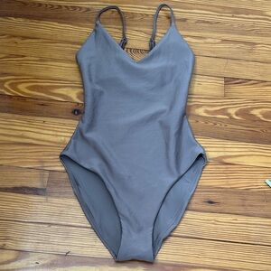 Sculpting long torso Taupe One-Piece Swimsuit, taupe bodysuit, active swimsuit